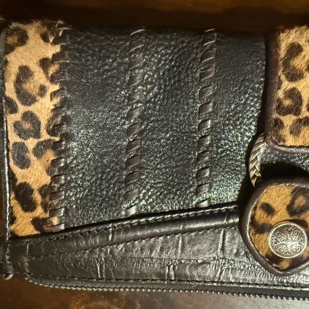 Brighton Black Leather & Leopard Haircalf Zip Card Holder